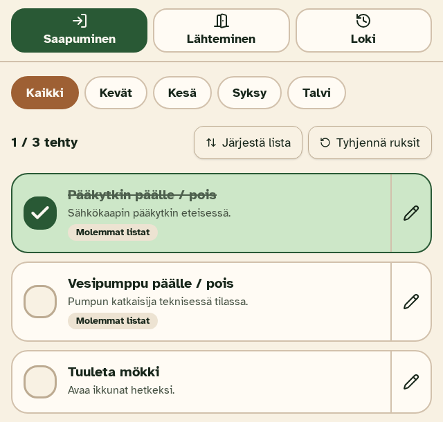 Mökkylin esimerkkisaapumislista: pääkytkin, vesipumppu ja mökin tuuletus, yksi tehtävä kuitattuna