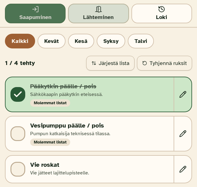 Mökkylin esimerkkilähtölista, jossa on tehtäviä sähkölle, vesipumpulle, roskille ja lukitsemiselle